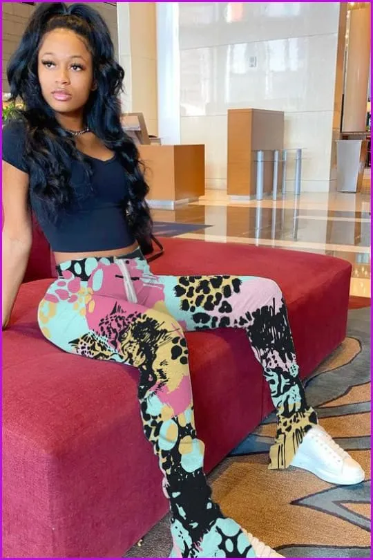 Tie Dye Split Stacked Hem Ruched Pants For WomenDE920