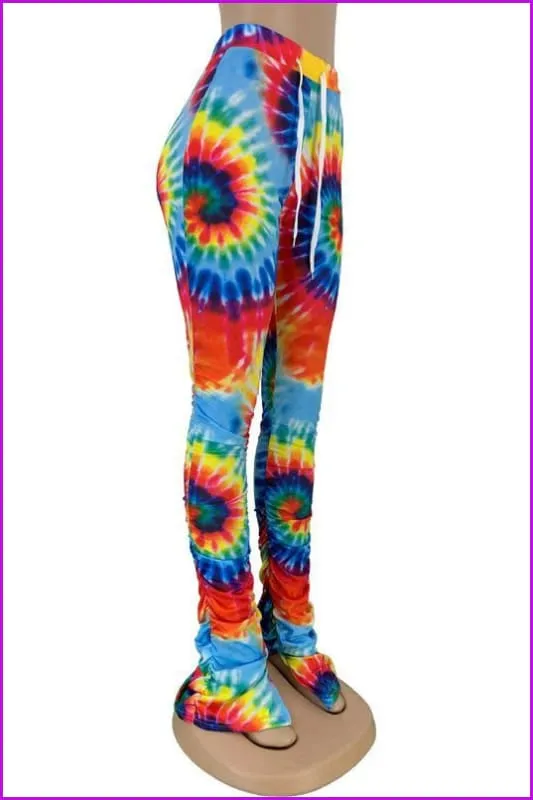 Tie Dye Split Stacked Hem Ruched Pants For WomenDE920