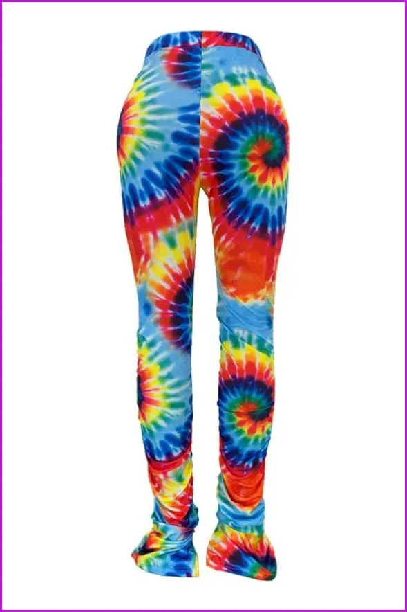 Tie Dye Split Stacked Hem Ruched Pants For WomenDE920