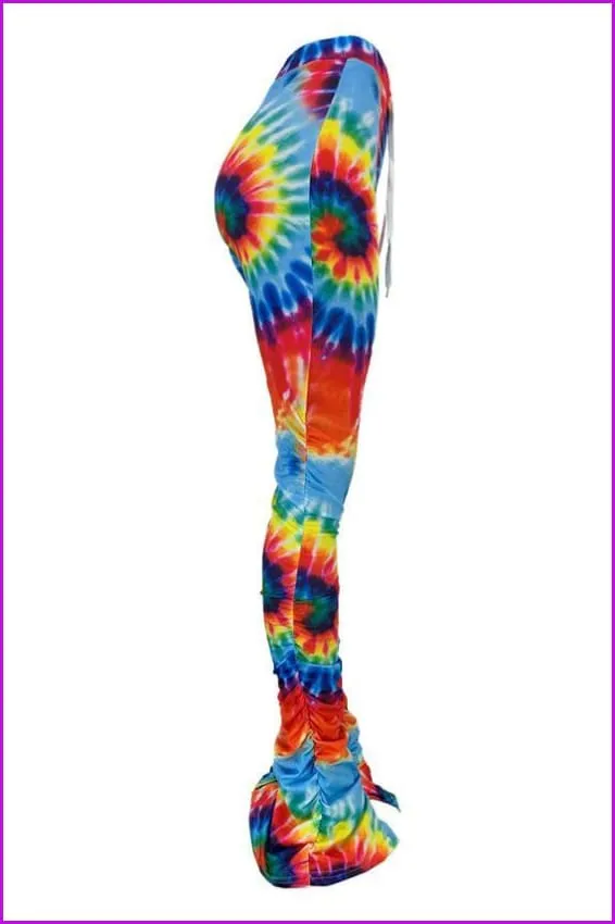 Tie Dye Split Stacked Hem Ruched Pants For WomenDE920
