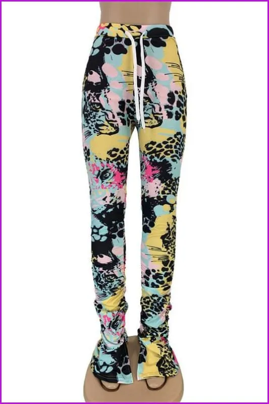 Tie Dye Split Stacked Hem Ruched Pants For WomenDE920