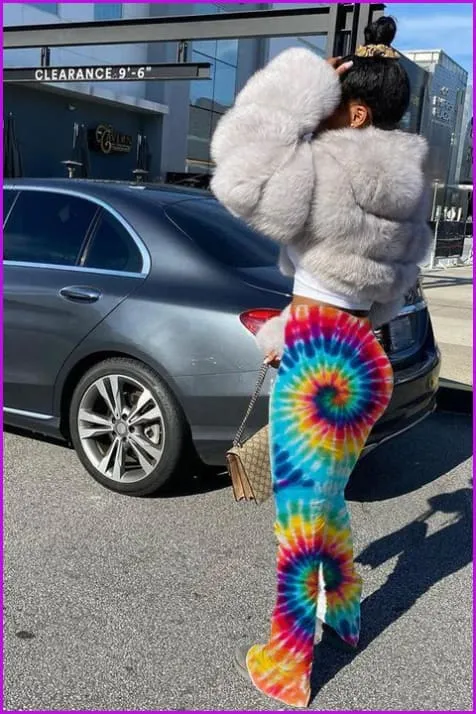 Tie Dye Split Stacked Hem Ruched Pants For WomenDE920