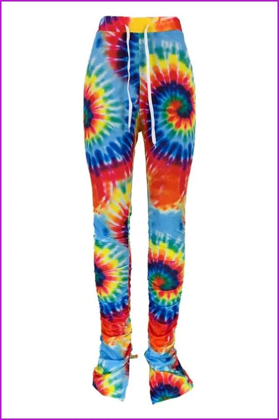Tie Dye Split Stacked Hem Ruched Pants For WomenDE920