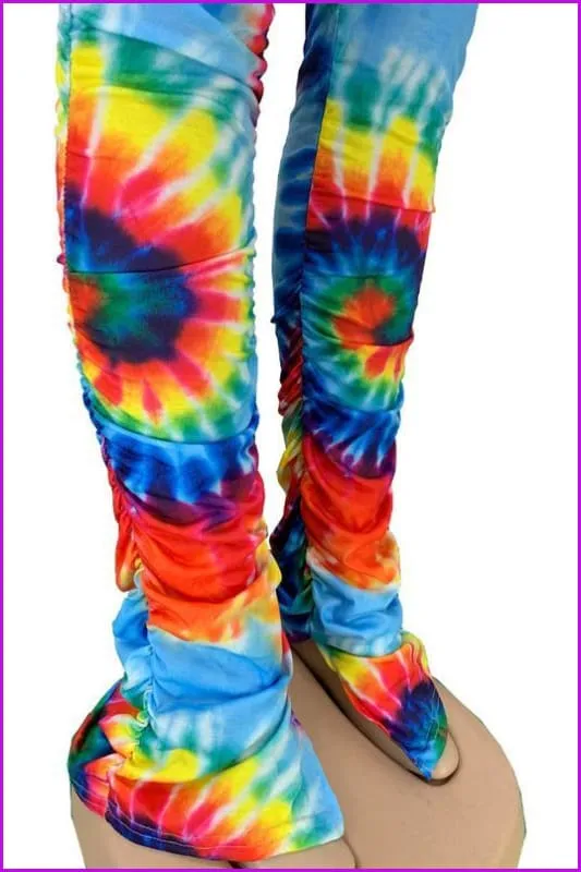 Tie Dye Split Stacked Hem Ruched Pants For WomenDE920