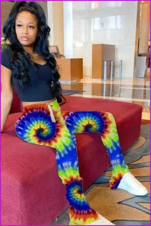 Tie Dye Split Stacked Hem Ruched Pants For WomenDE920