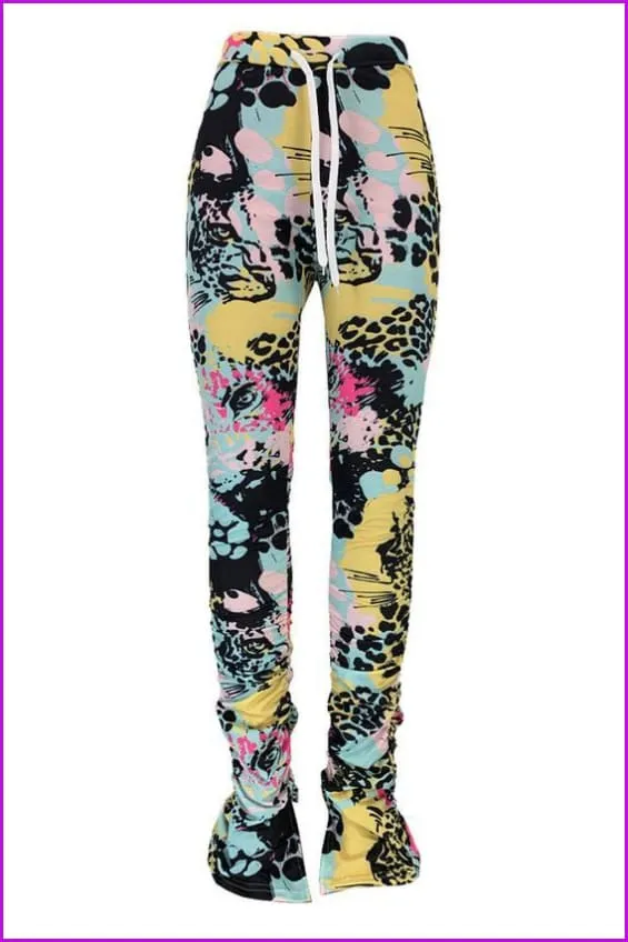 Tie Dye Split Stacked Hem Ruched Pants For WomenDE920