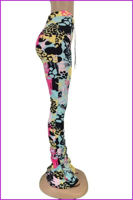 Tie Dye Split Stacked Hem Ruched Pants For WomenDE920