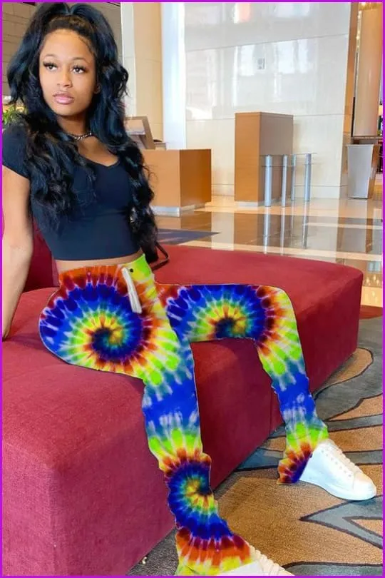 Tie Dye Split Stacked Hem Ruched Pants For WomenDE920