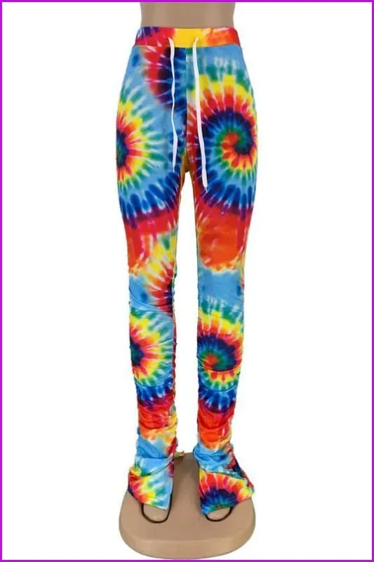 Tie Dye Split Stacked Hem Ruched Pants For WomenDE920