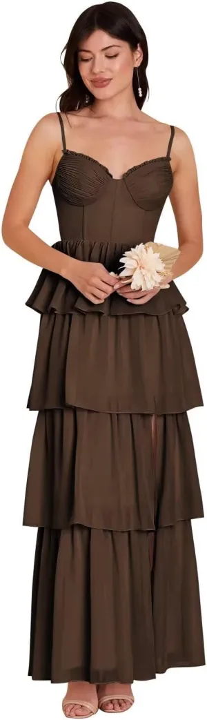 Tiered Chiffon Bridesmaid Dresses for Women 2025 High Slit Formal Dresses for Wedding QA220