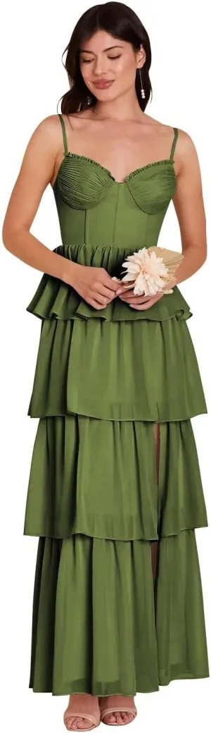 Tiered Chiffon Bridesmaid Dresses for Women 2025 High Slit Formal Dresses for Wedding QA220