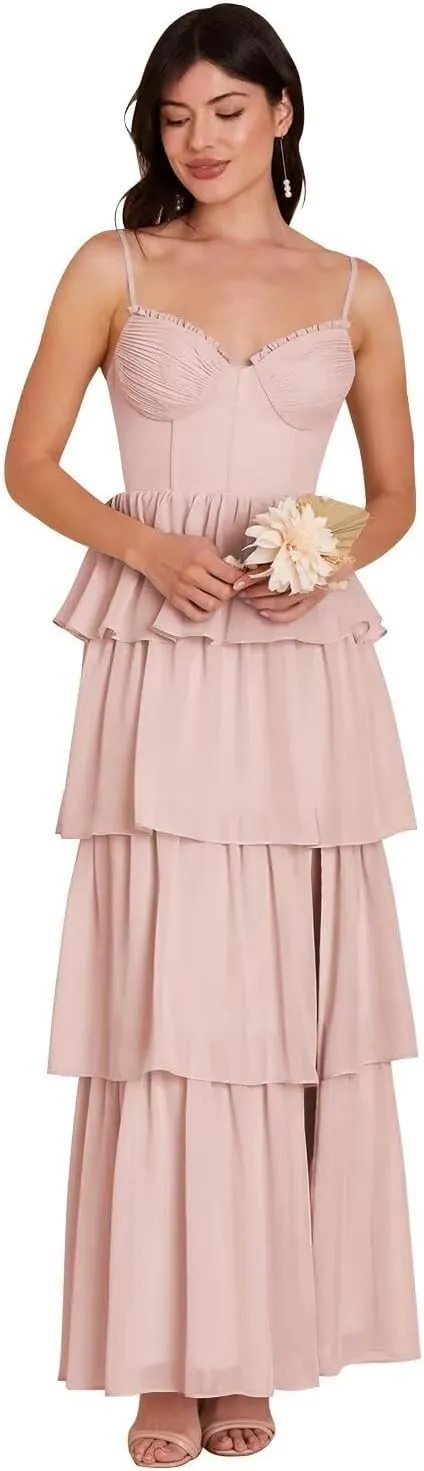 Tiered Chiffon Bridesmaid Dresses for Women 2025 High Slit Formal Dresses for Wedding QA220