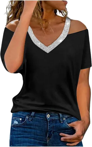 Tops for Women Fall Summer Short Sleeve Cold Shoulder Vneck Backless Halter Tops Shirt Blouses Women 2025 UT
