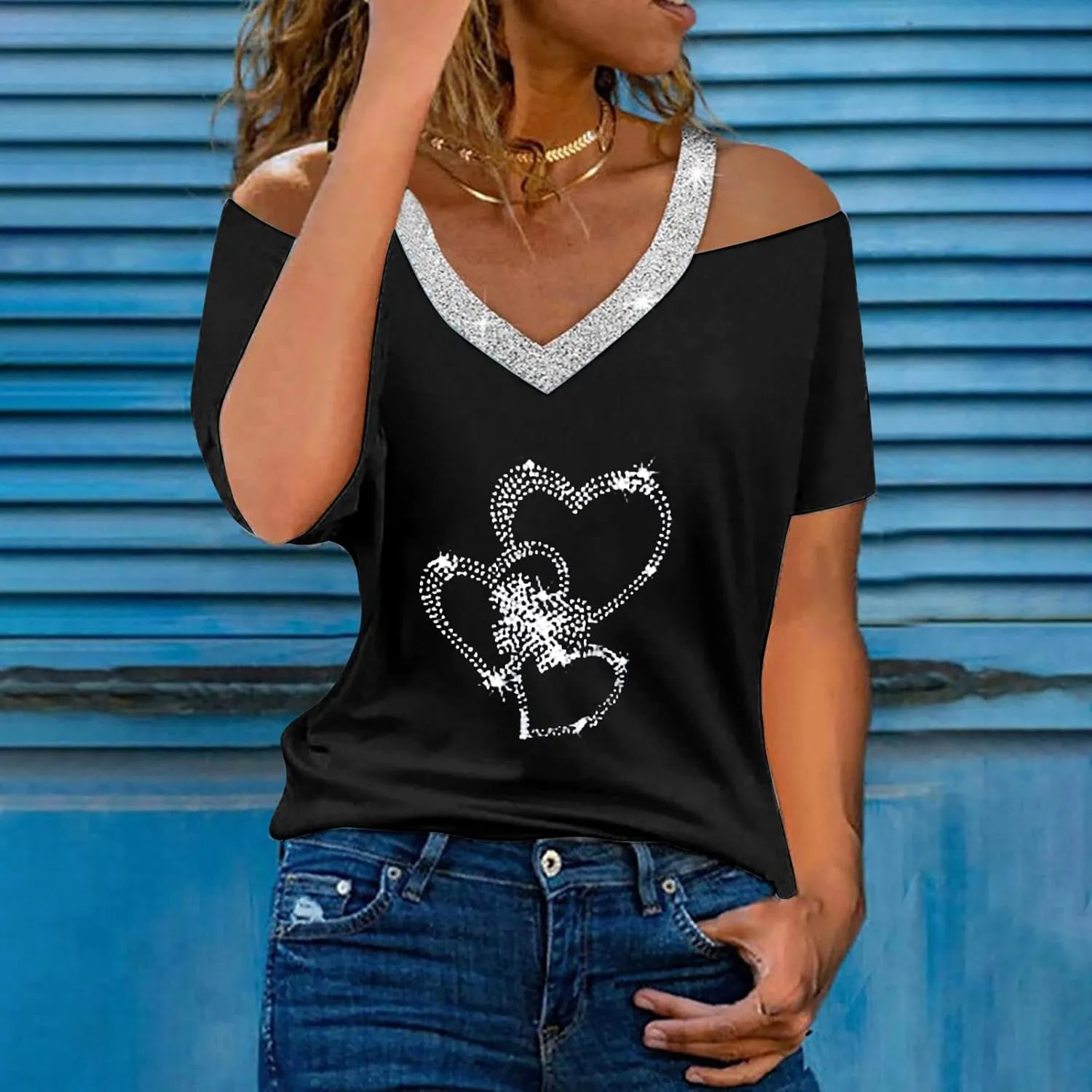 Tops for Women Fall Summer Short Sleeve Cold Shoulder Vneck Backless Halter Tops Shirt Blouses Women 2025 UT