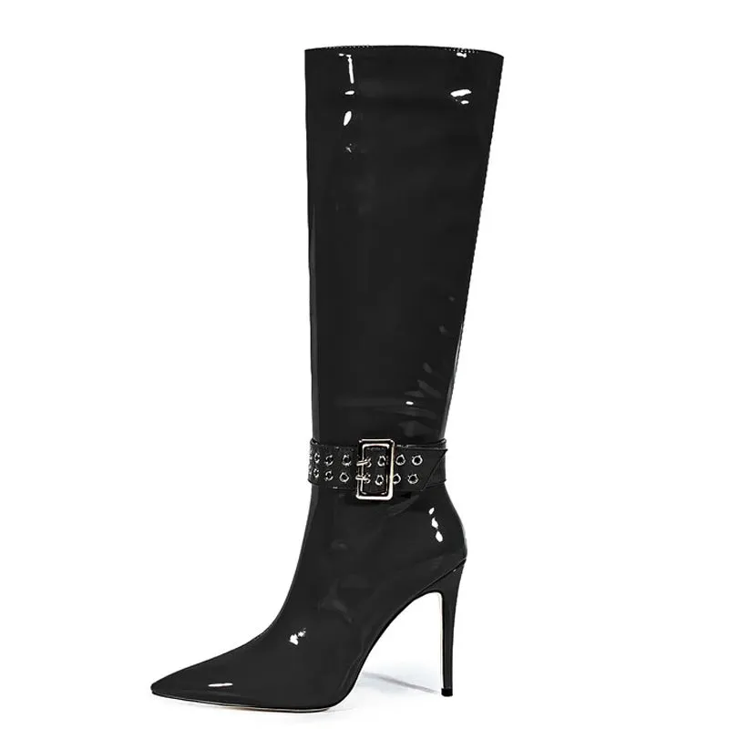 Trend4us Women's Patent Leather Stiletto Knee-High Boots