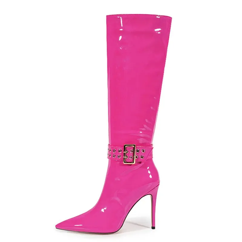 Trend4us Women's Patent Leather Stiletto Knee-High Boots