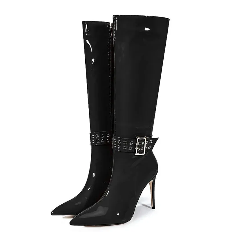 Trend4us Women's Patent Leather Stiletto Knee-High Boots