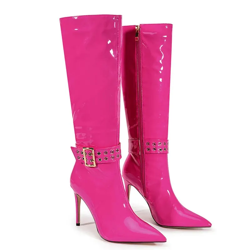 Trend4us Women's Patent Leather Stiletto Knee-High Boots