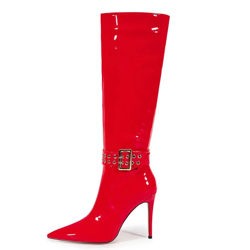 Trend4us Women's Patent Leather Stiletto Knee-High Boots