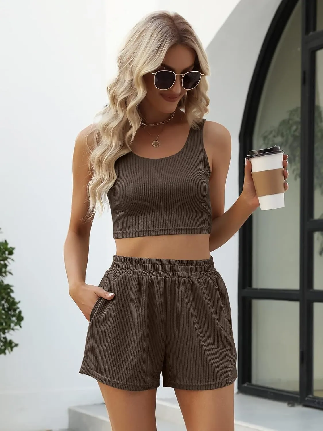 Trendy Queen Two Piece Summer Outfits 2 Piece Sets 2025 Sleeveless Matching Lounge Crop Top High Waisted Short