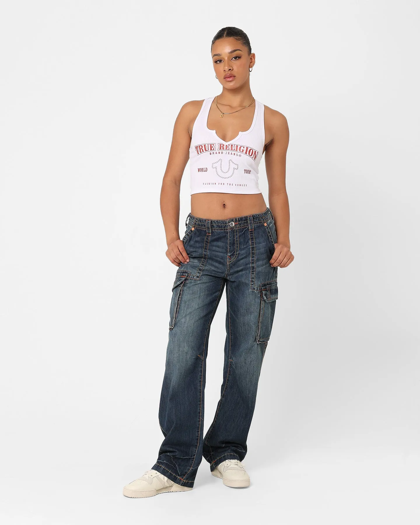 True Religion Women's Big T Cargo Pants Medium Wash