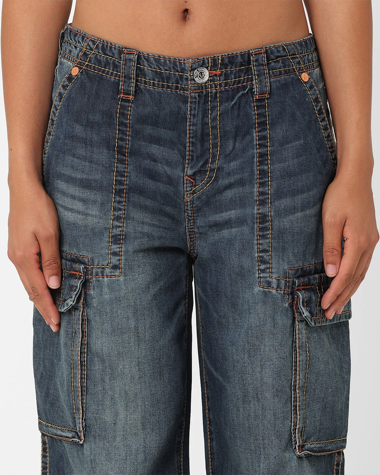 True Religion Women's Big T Cargo Pants Medium Wash