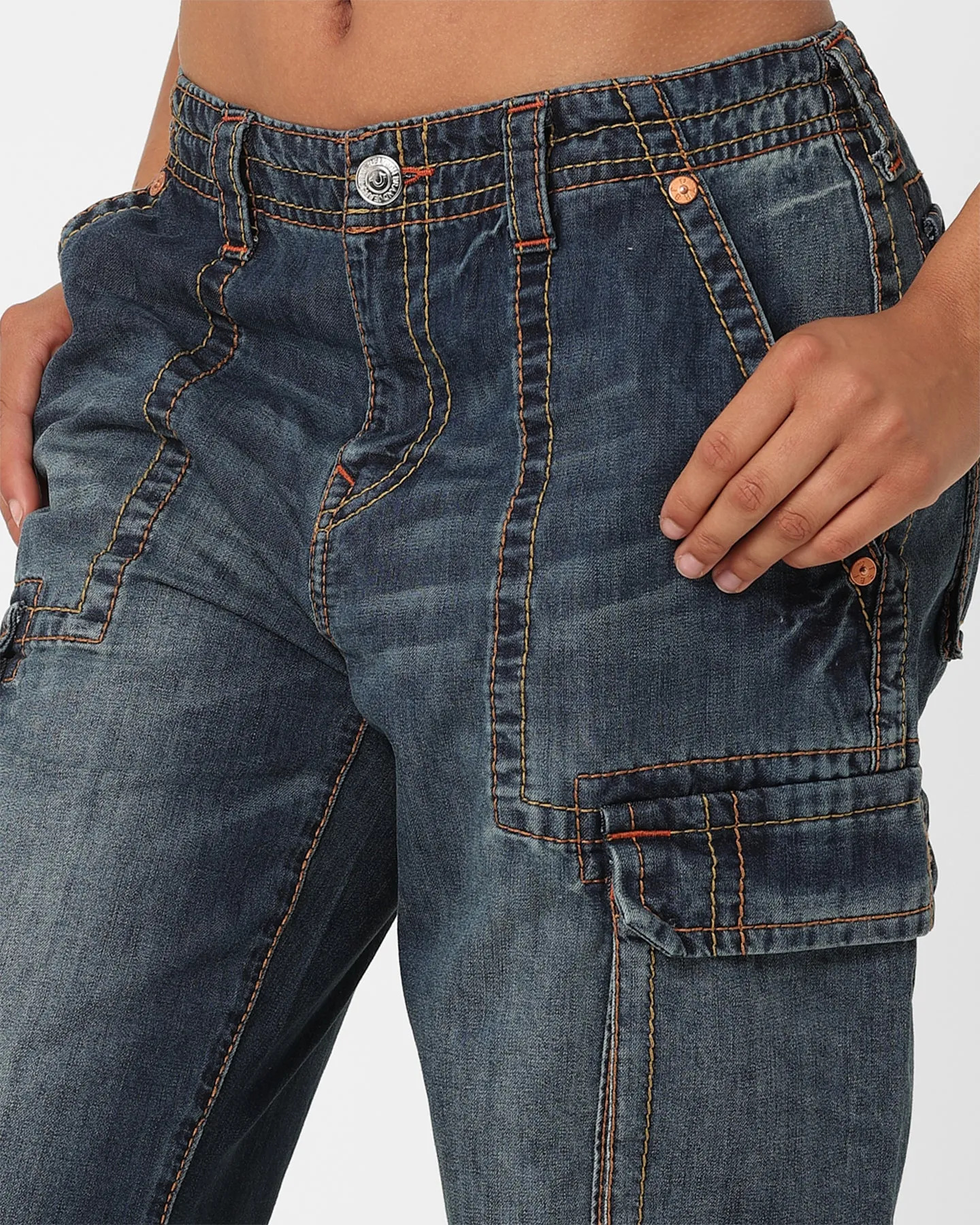 True Religion Women's Big T Cargo Pants Medium Wash