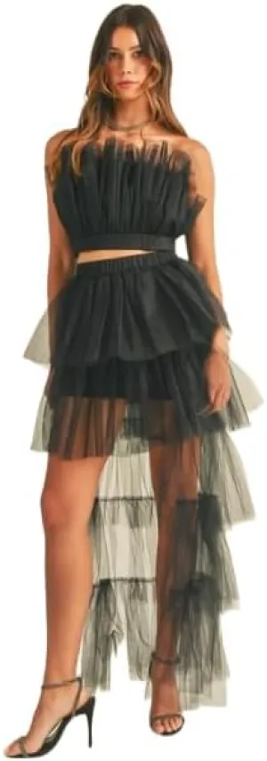 Tulle Tube Ruffle Crop Top and High Low Maxi Skirt Set