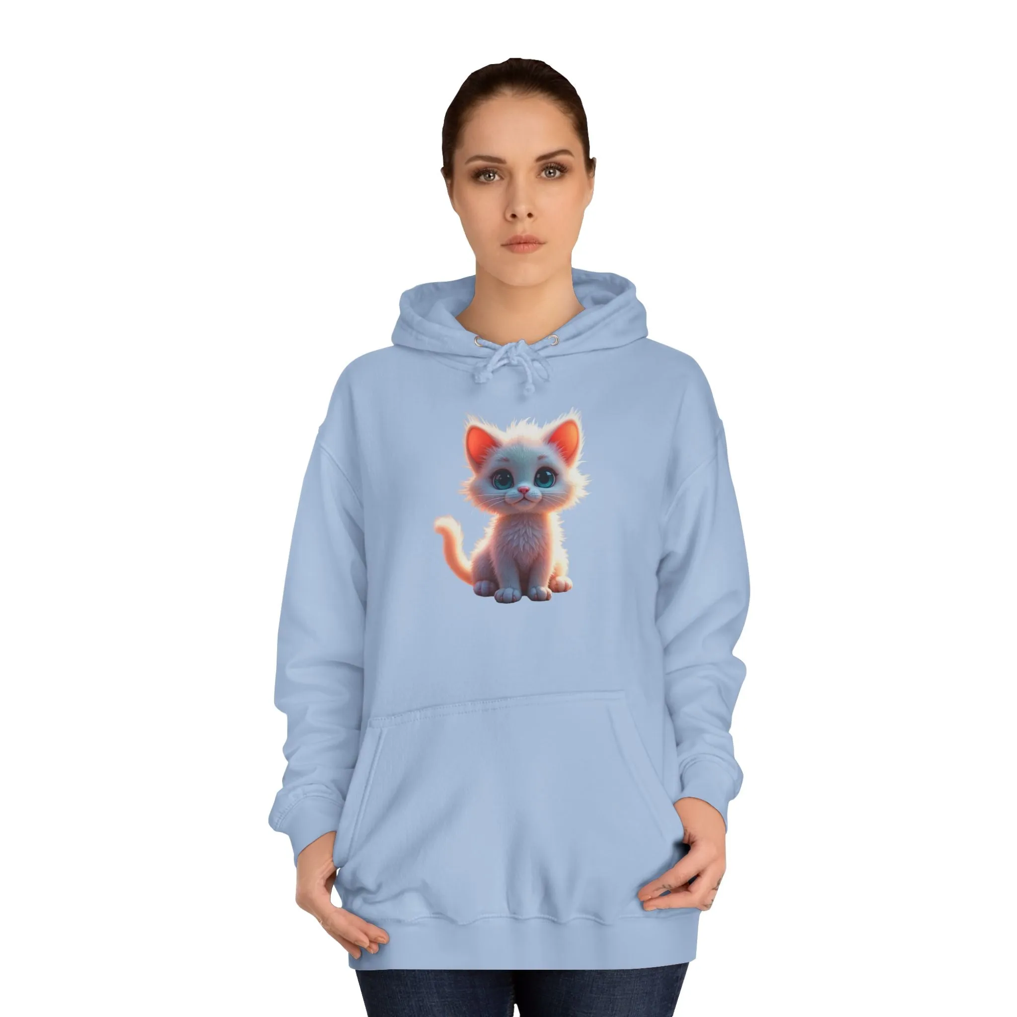 Unisex College Hoodie - 80% cotton, 20% polyester - A cute white kitten sitting up with blue eyes