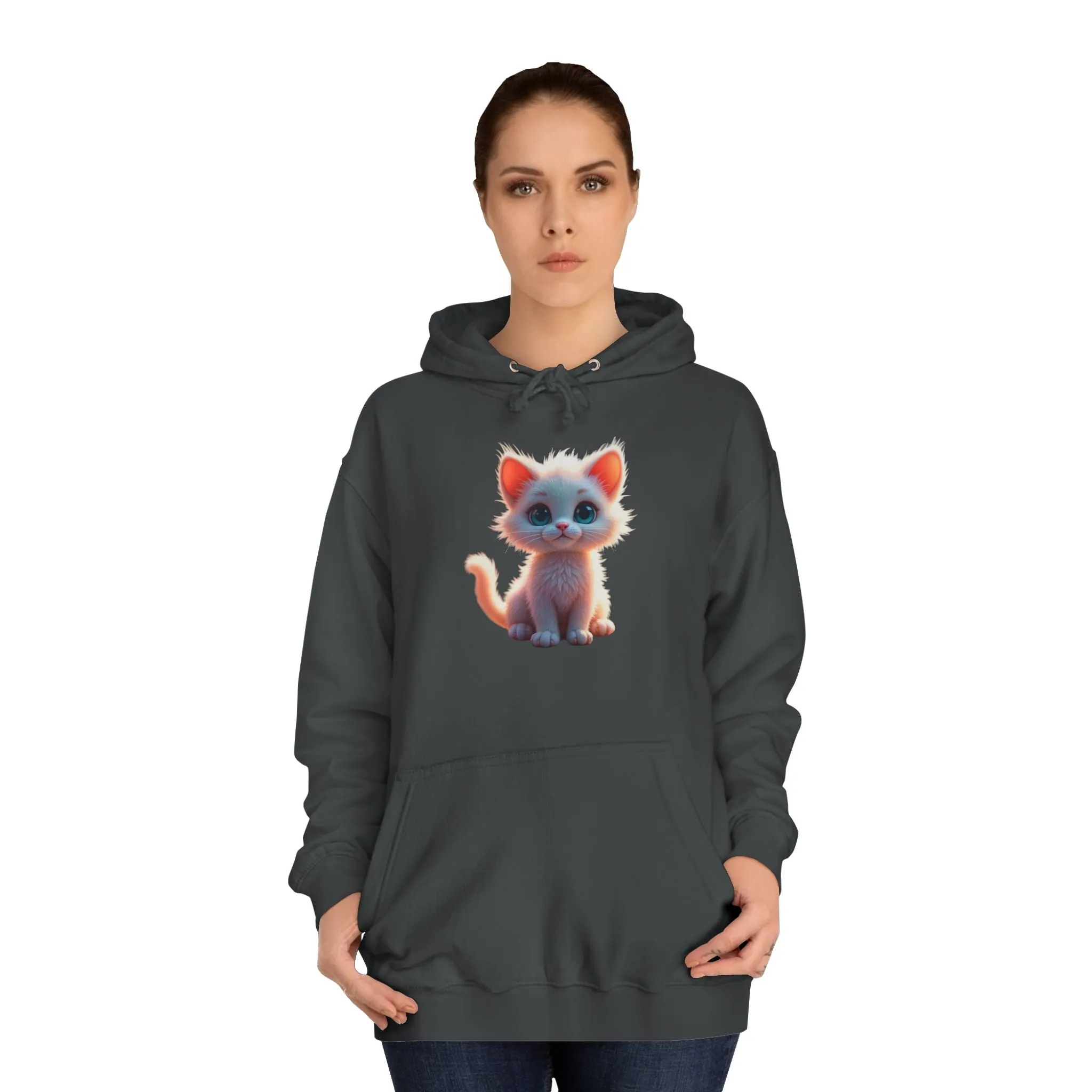 Unisex College Hoodie - 80% cotton, 20% polyester - A cute white kitten sitting up with blue eyes