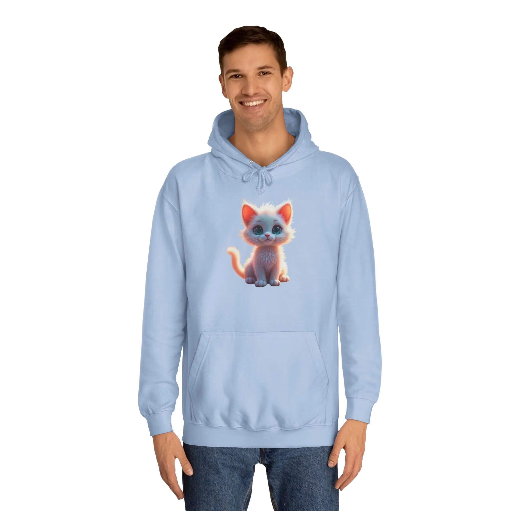Unisex College Hoodie - 80% cotton, 20% polyester - A cute white kitten sitting up with blue eyes