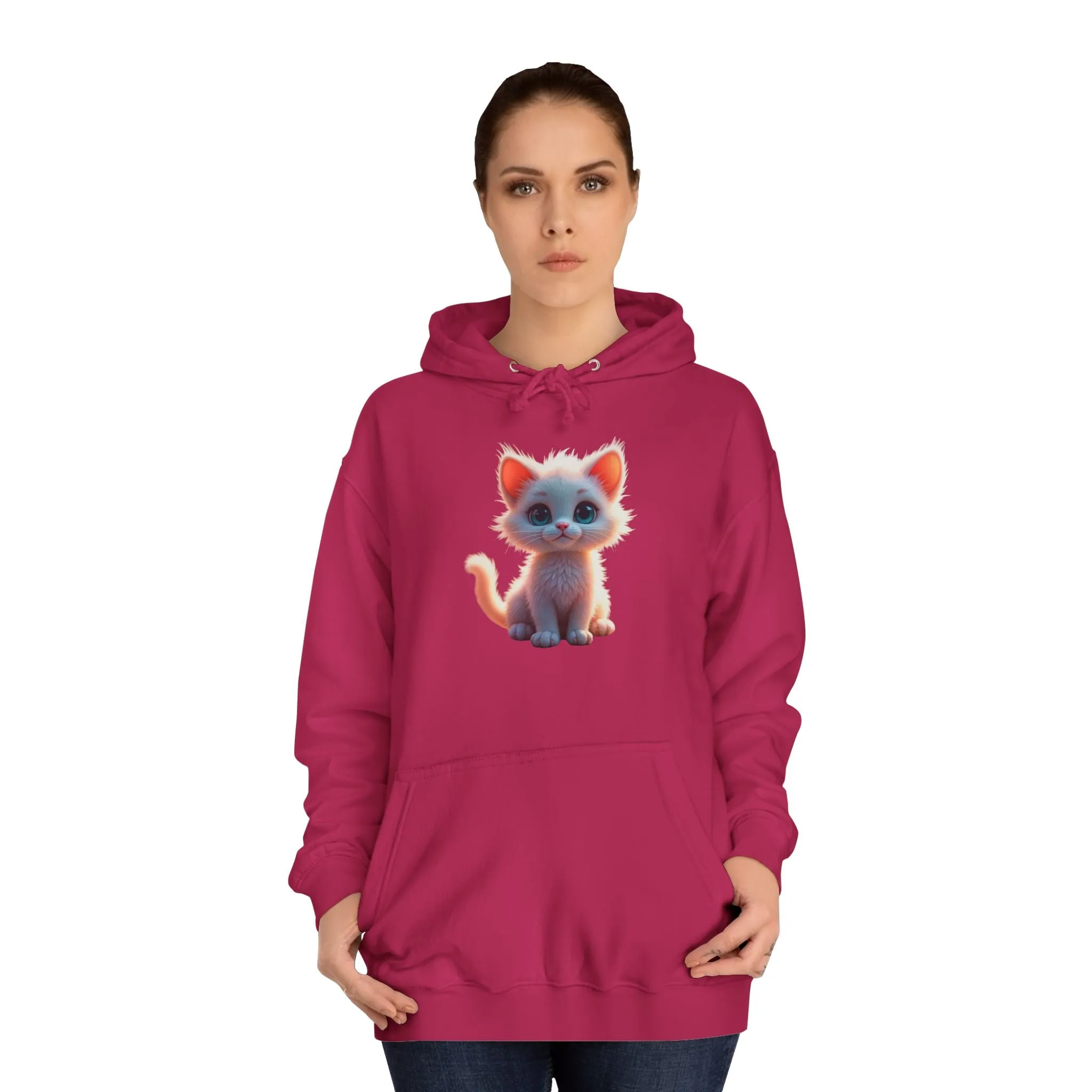Unisex College Hoodie - 80% cotton, 20% polyester - A cute white kitten sitting up with blue eyes