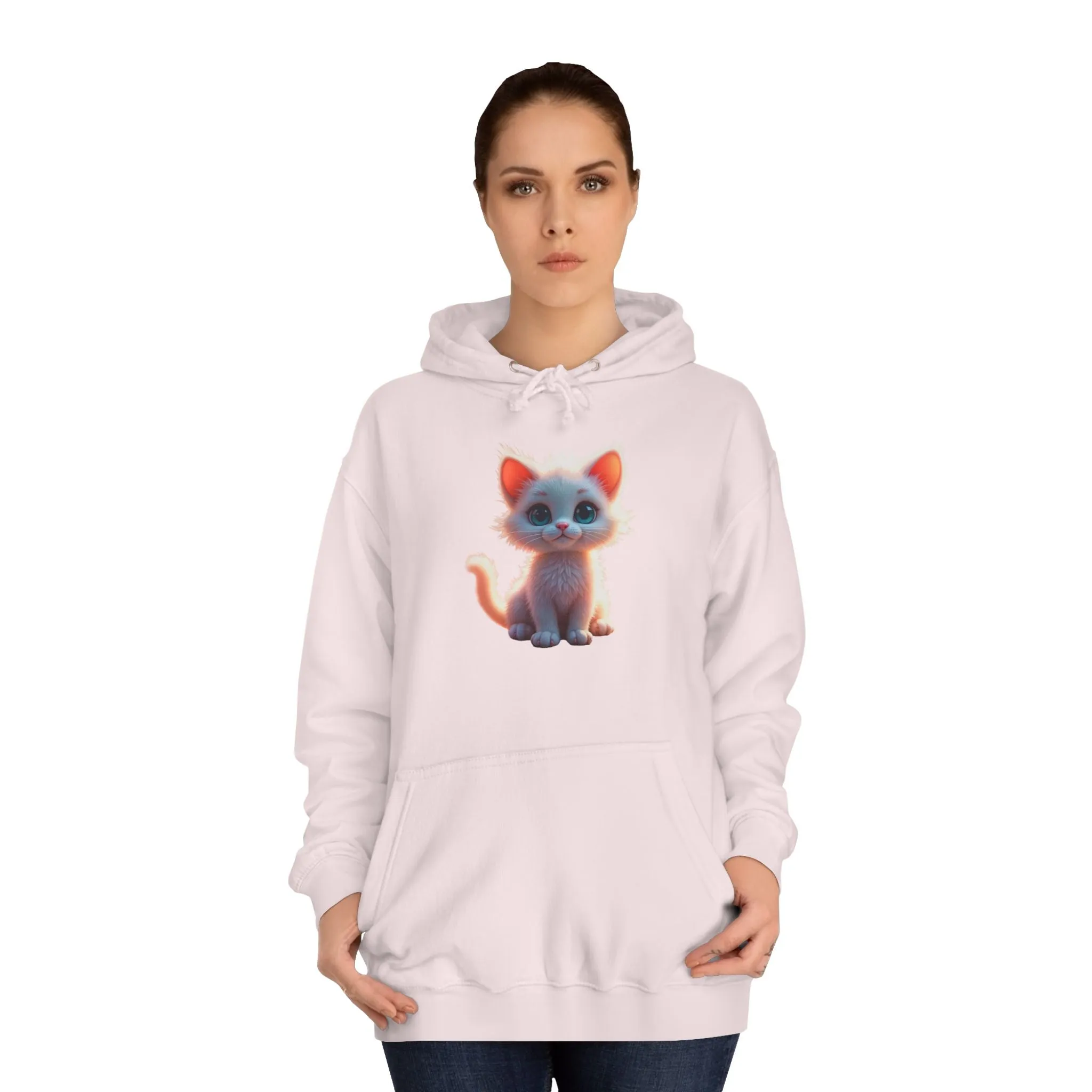 Unisex College Hoodie - 80% cotton, 20% polyester - A cute white kitten sitting up with blue eyes