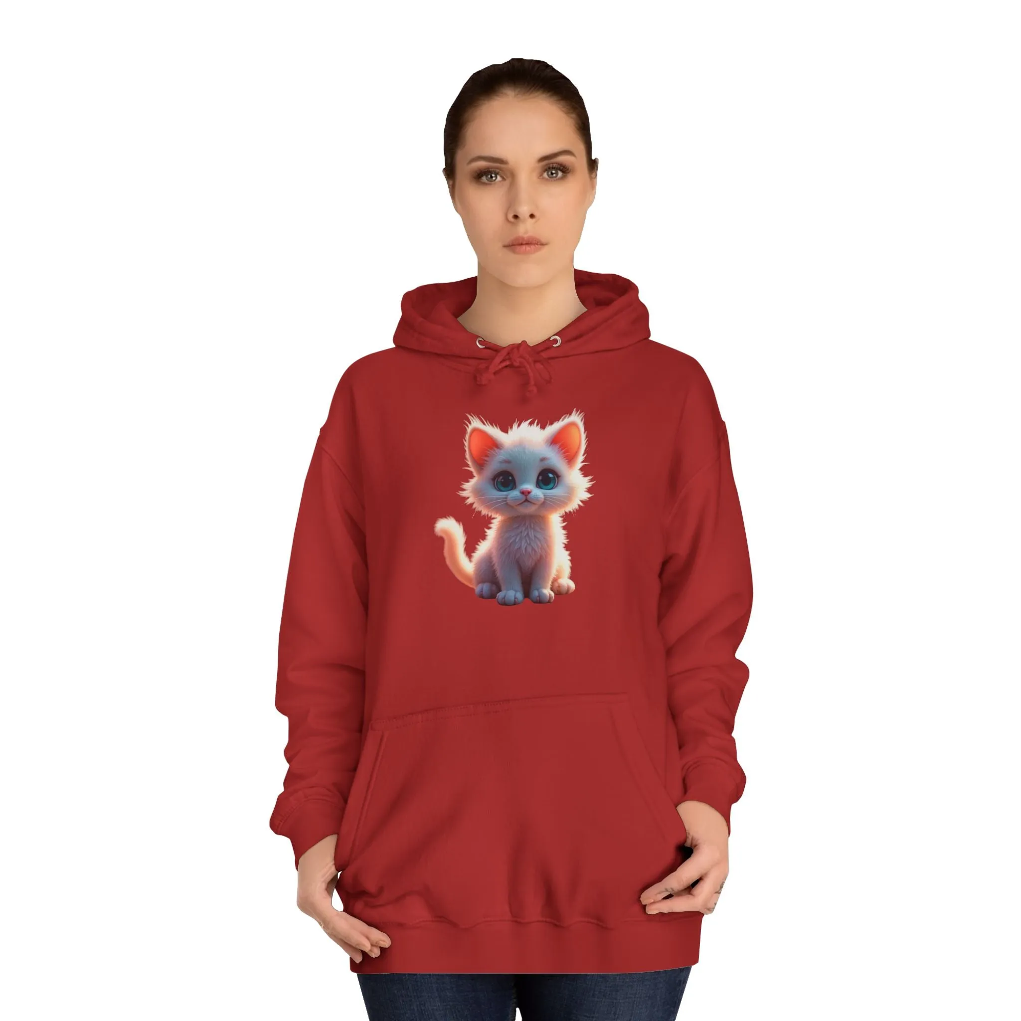 Unisex College Hoodie - 80% cotton, 20% polyester - A cute white kitten sitting up with blue eyes