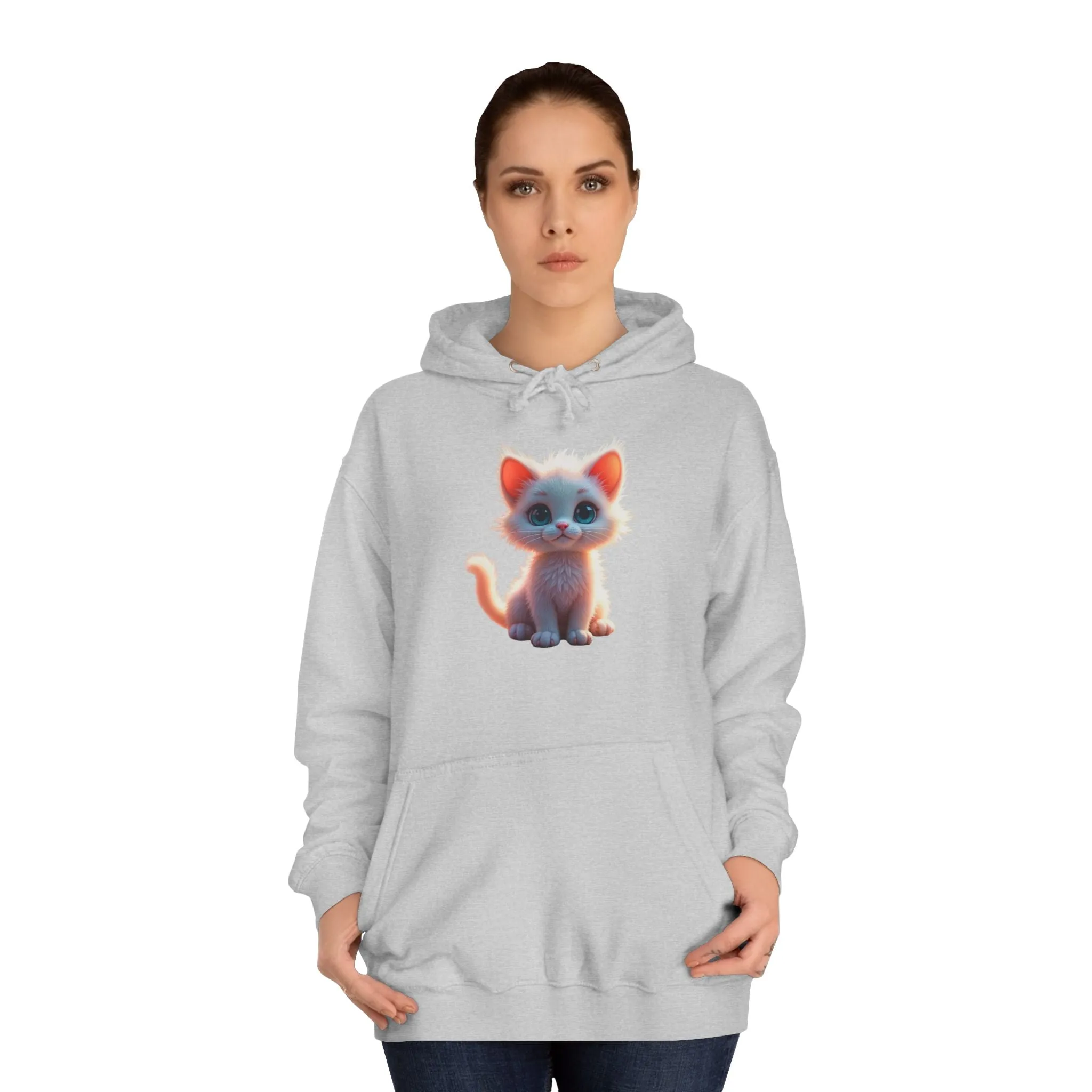Unisex College Hoodie - 80% cotton, 20% polyester - A cute white kitten sitting up with blue eyes