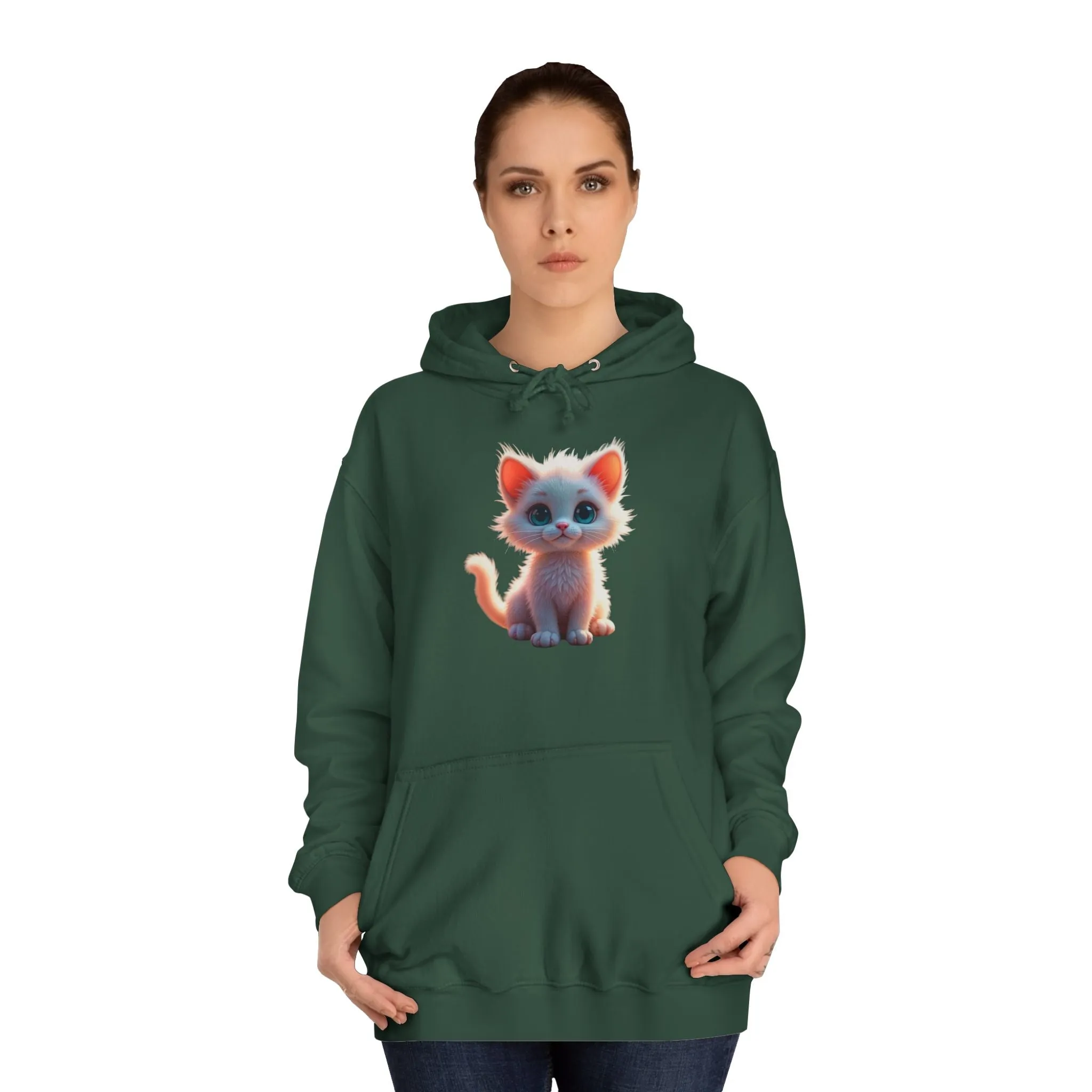Unisex College Hoodie - 80% cotton, 20% polyester - A cute white kitten sitting up with blue eyes