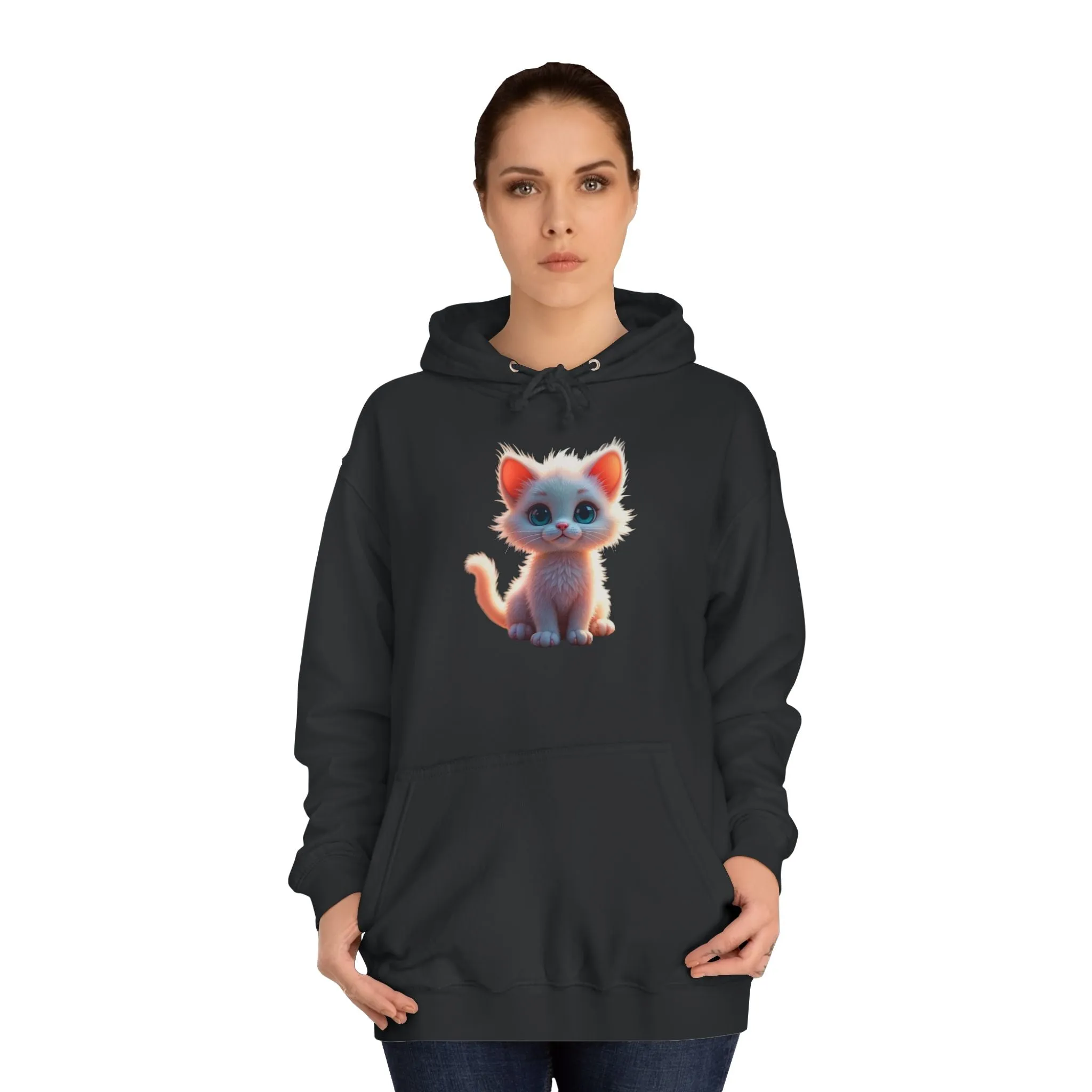 Unisex College Hoodie - 80% cotton, 20% polyester - A cute white kitten sitting up with blue eyes