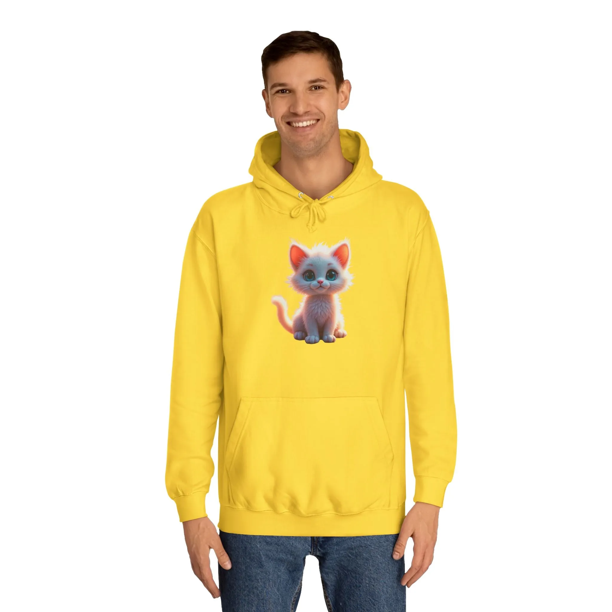 Unisex College Hoodie - 80% cotton, 20% polyester - A cute white kitten sitting up with blue eyes