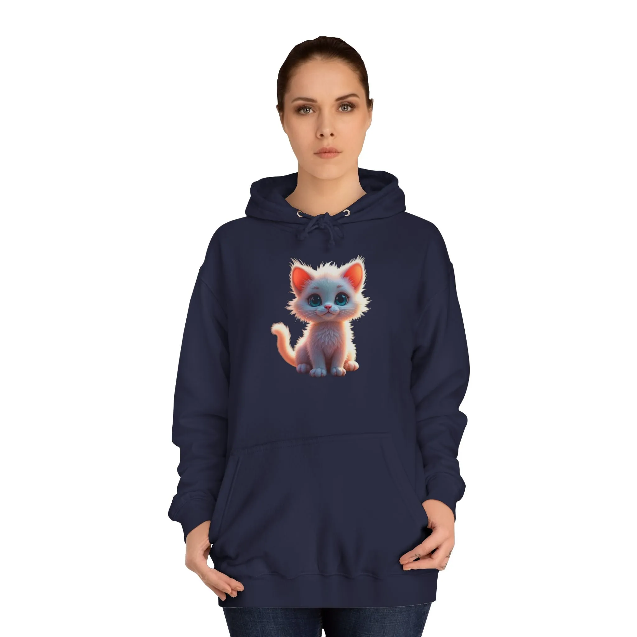 Unisex College Hoodie - 80% cotton, 20% polyester - A cute white kitten sitting up with blue eyes
