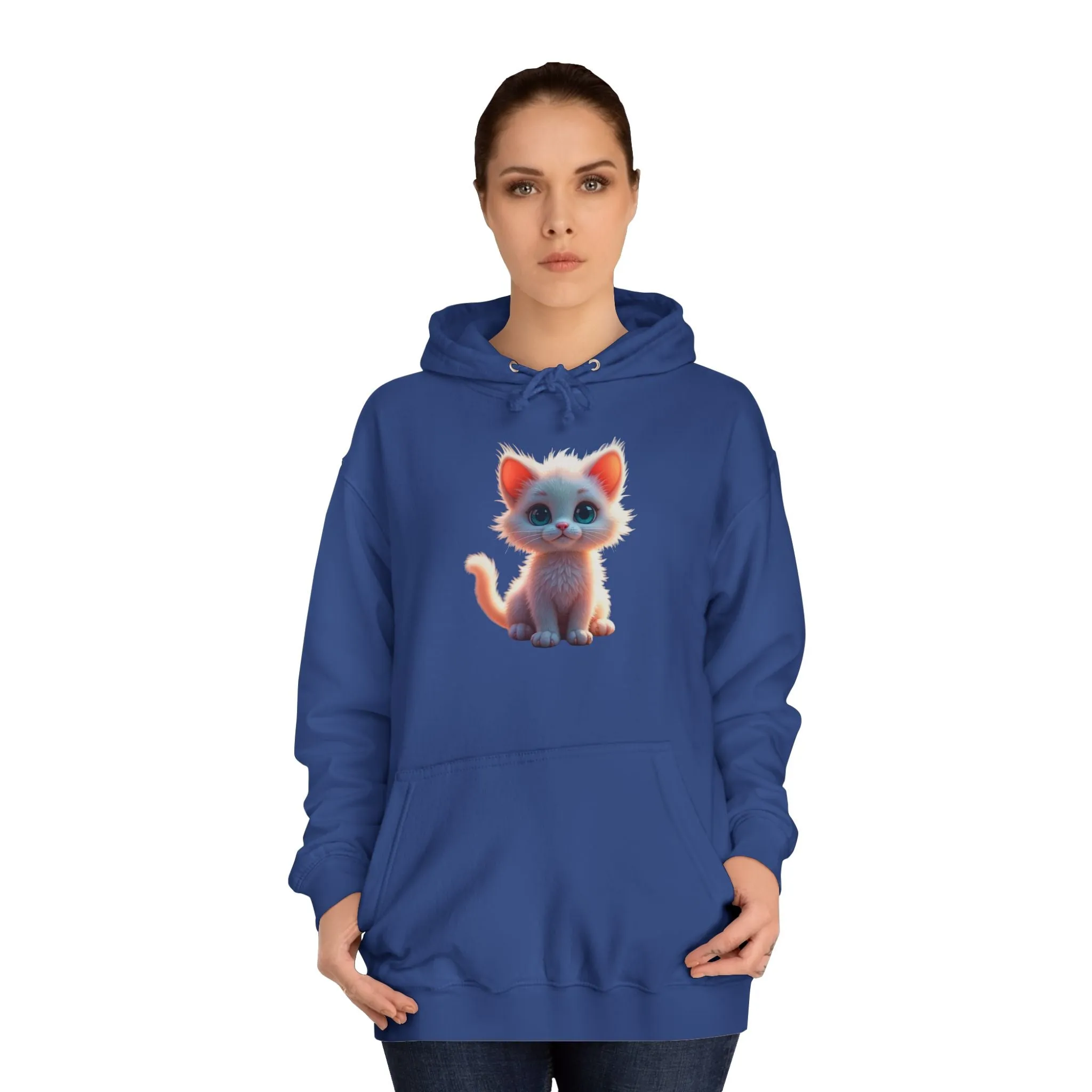 Unisex College Hoodie - 80% cotton, 20% polyester - A cute white kitten sitting up with blue eyes