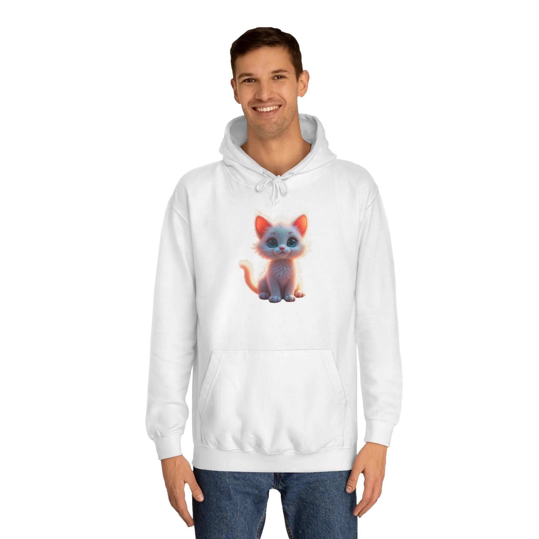 Unisex College Hoodie - 80% cotton, 20% polyester - A cute white kitten sitting up with blue eyes