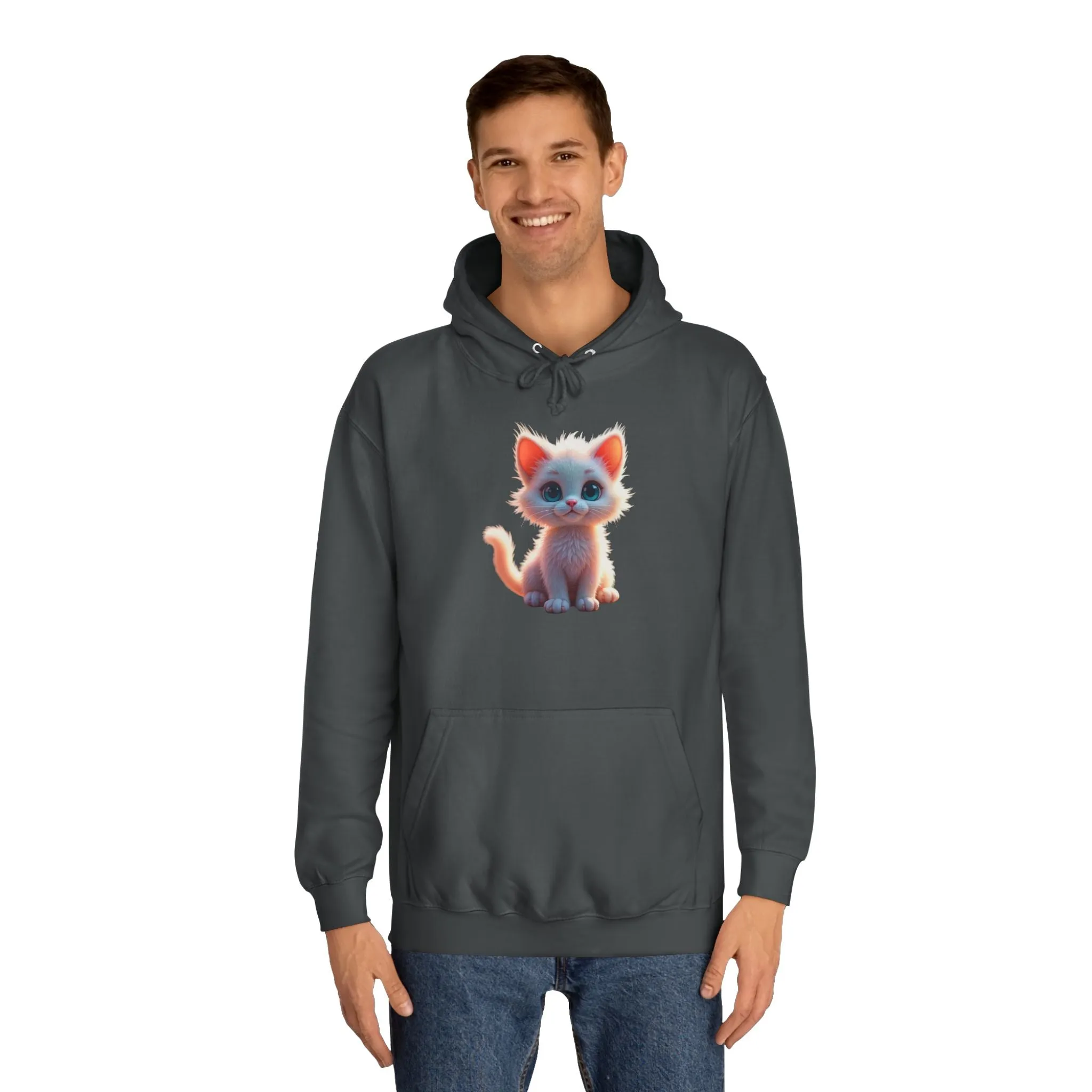 Unisex College Hoodie - 80% cotton, 20% polyester - A cute white kitten sitting up with blue eyes
