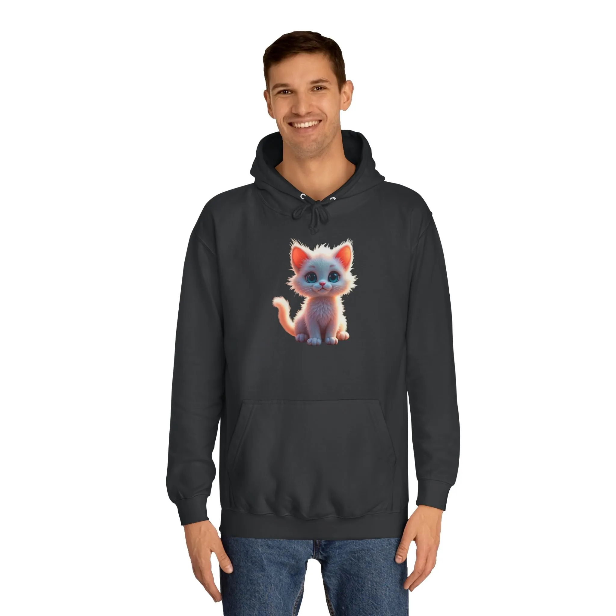 Unisex College Hoodie - 80% cotton, 20% polyester - A cute white kitten sitting up with blue eyes