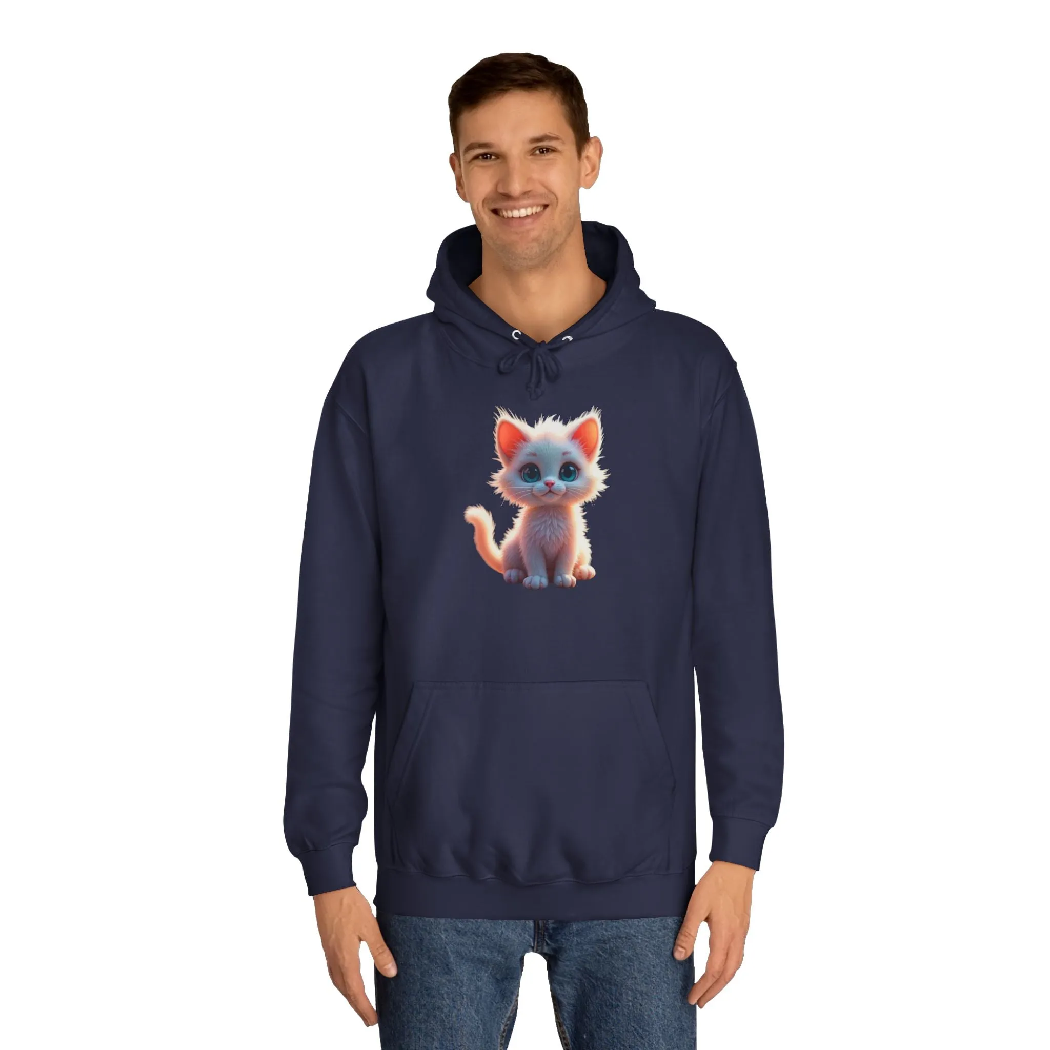 Unisex College Hoodie - 80% cotton, 20% polyester - A cute white kitten sitting up with blue eyes