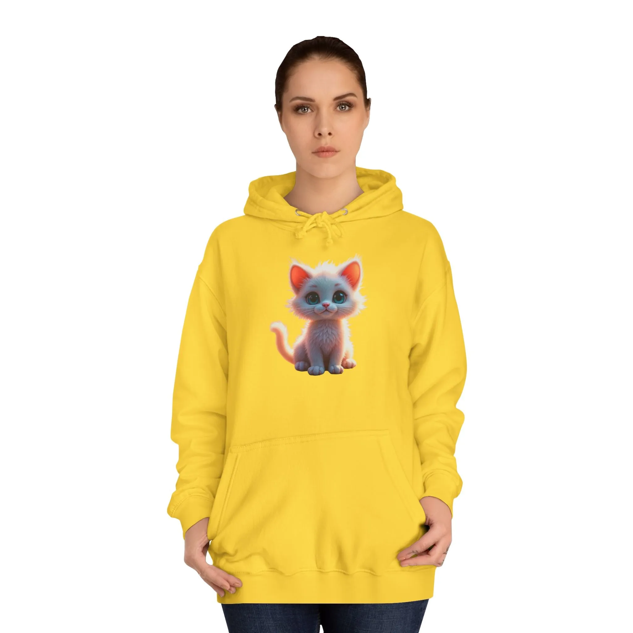 Unisex College Hoodie - 80% cotton, 20% polyester - A cute white kitten sitting up with blue eyes