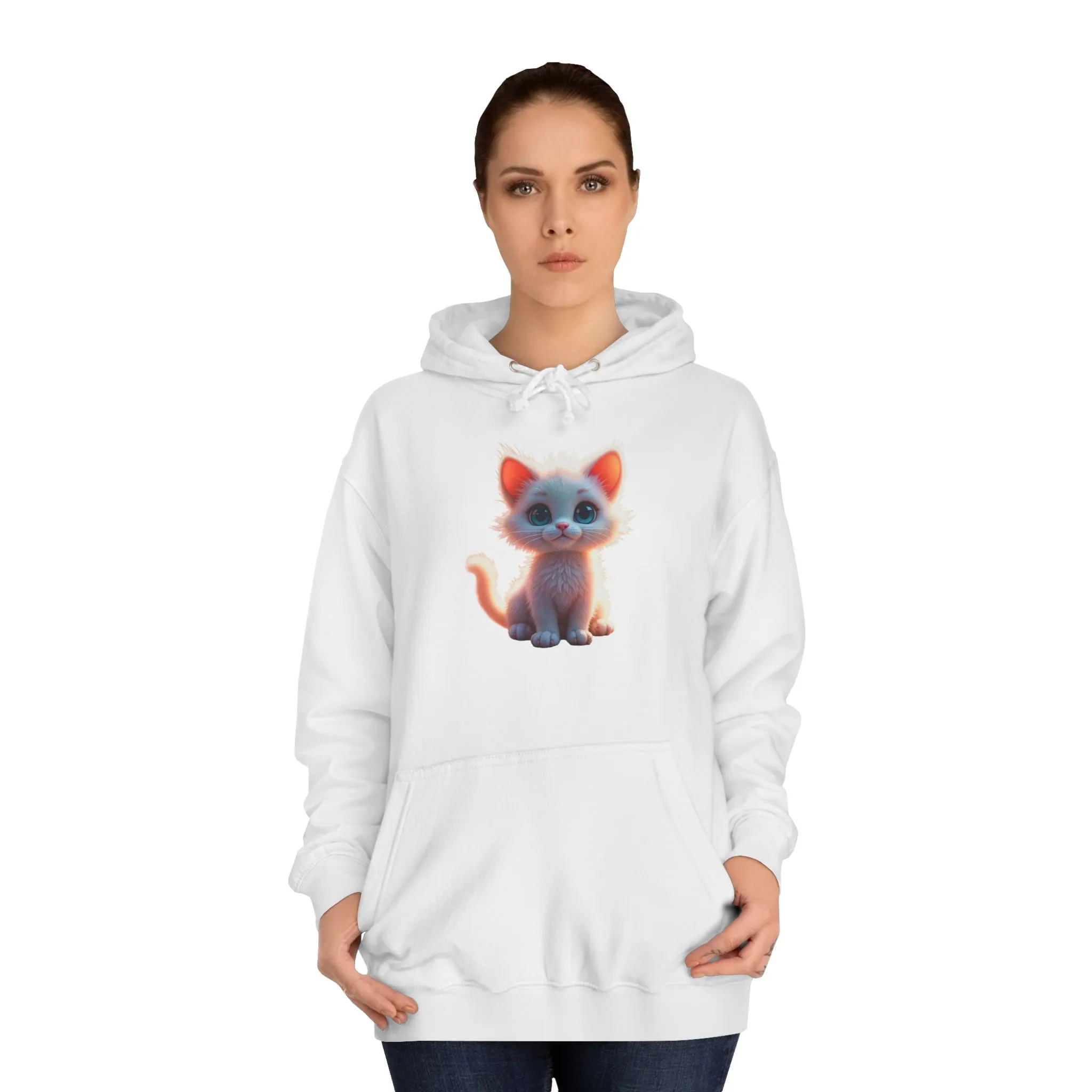 Unisex College Hoodie - 80% cotton, 20% polyester - A cute white kitten sitting up with blue eyes