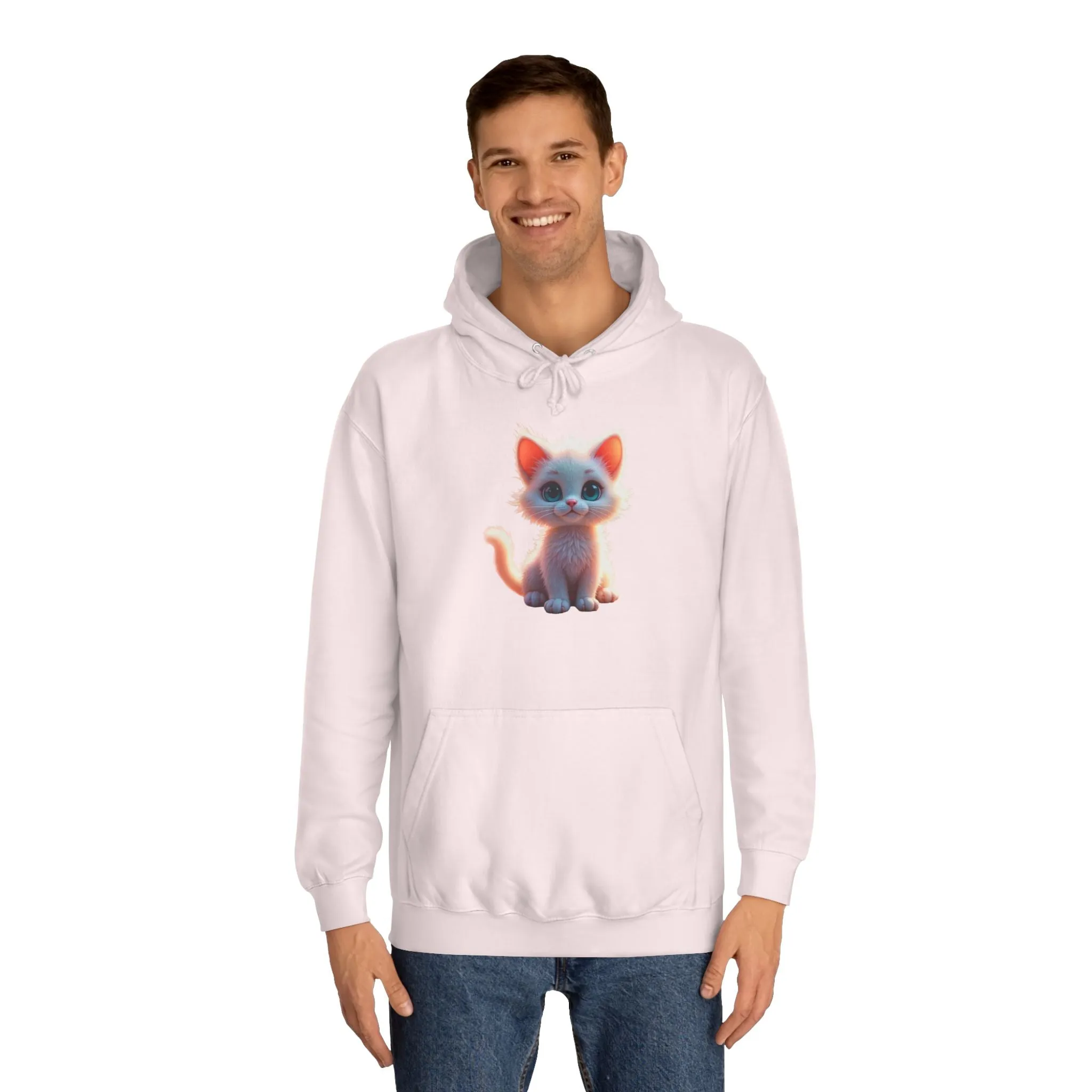 Unisex College Hoodie - 80% cotton, 20% polyester - A cute white kitten sitting up with blue eyes