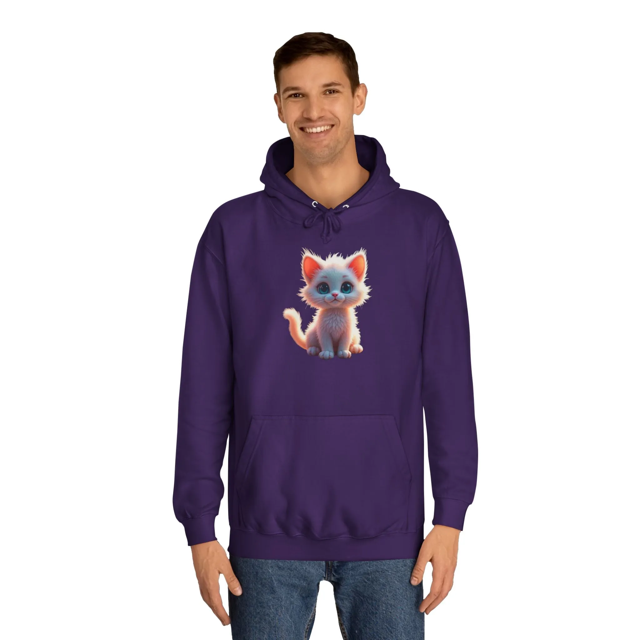 Unisex College Hoodie - 80% cotton, 20% polyester - A cute white kitten sitting up with blue eyes