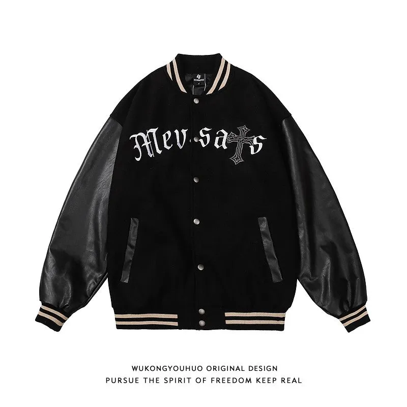 Unisex embroidered color-blocking baseball jacket men's winter jacket