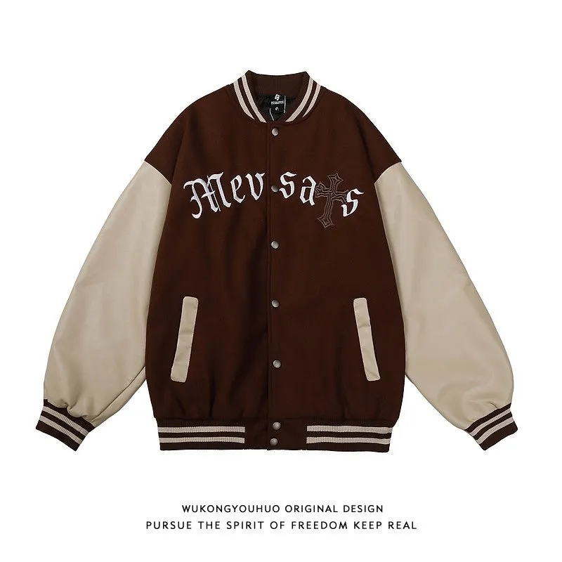 Unisex embroidered color-blocking baseball jacket men's winter jacket